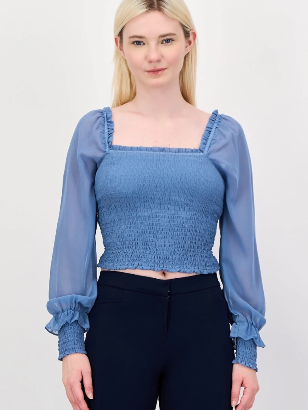NWT 1.STATE Blue Square-Neck Smocked Sheer Balloon-Sleeve Blouse XL